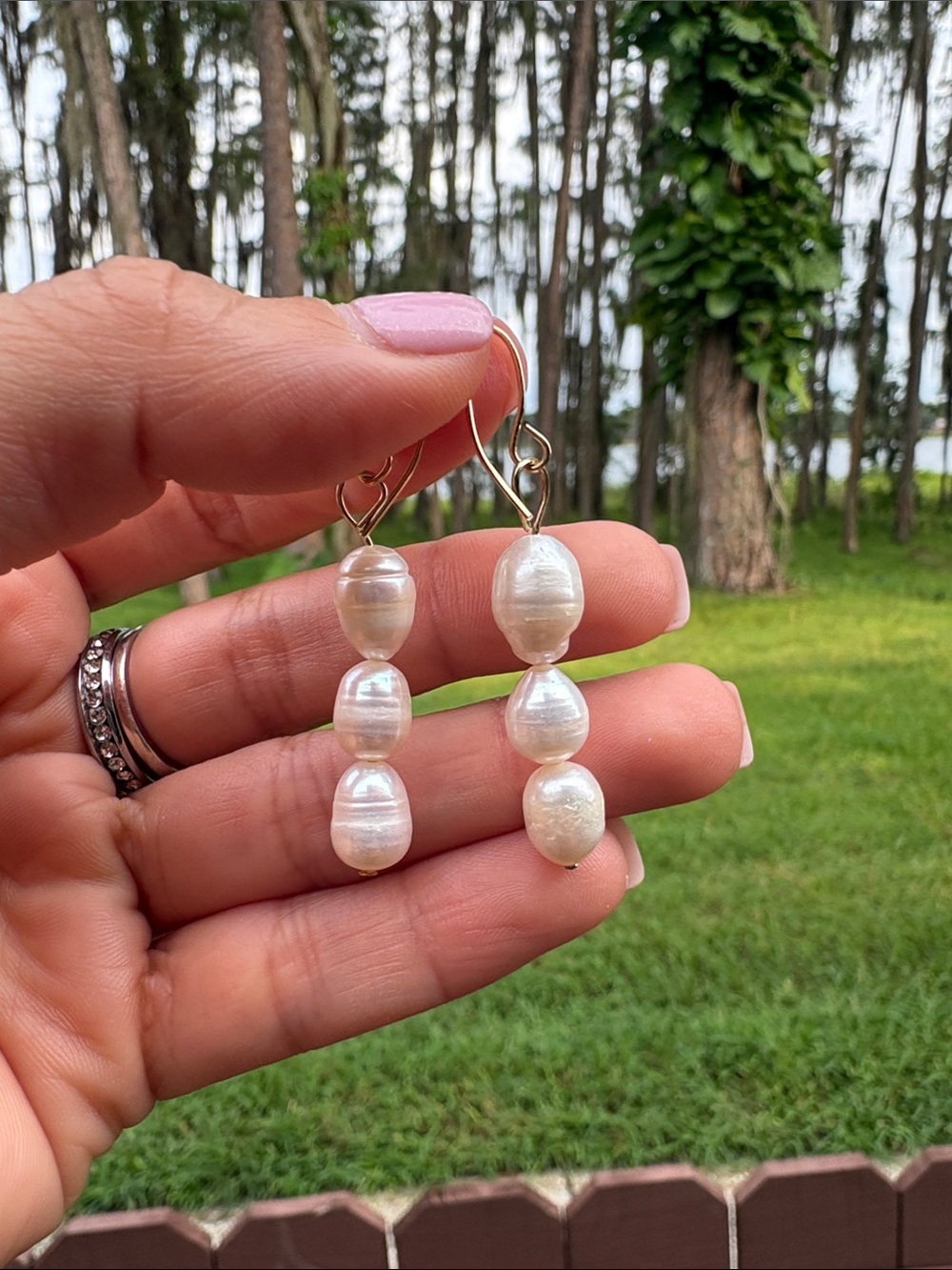 Vintage Gold and Genuine White Pearl Triple-Drop Earrings